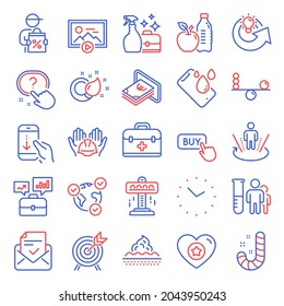 Business icons set. Included icon as Heart, Start presentation, Smartphone waterproof signs. Paint brush, Business portfolio, First aid symbols. Buy button, Question button, Healthy food. Vector
