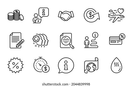 Business icons set. Included icon as Handshake, Honeymoon travel, Analytics chart signs. Dollar exchange, Discount, Translation service symbols. Last minute, Employees teamwork, Cashback. Vector