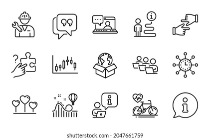 Business icons set. Included icon as Teamwork, Friends chat, Cardio bike signs. Search puzzle, Candlestick graph, Love heart symbols. Quote bubble, Repairman, Delivery service. World time. Vector