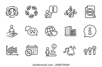 Business icons set. Included icon as Buildings, Friends world, Diagram chart signs. Calendar discounts, Global business, Quote bubble symbols. Recruitment, Customer satisfaction, Teamwork. Vector