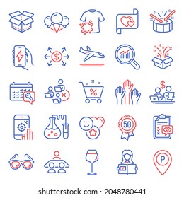 Business icons set. Included icon as Voting hands, Drums, Sunglasses signs. Smile, Spanner, Chemistry lab symbols. Dirty t-shirt, Ice creams, Love letter. Open box, Budget accounting, Gift. Vector
