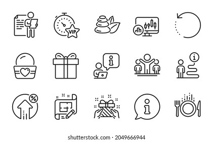 Business Icons Set. Included Icon As Candlestick Chart, Job Interview, Gift Box Signs. Recovery Data, Architect Plan, Food Symbols. Ice Cream, Gift, Loan Percent. Winner, Vip Timer. Vector