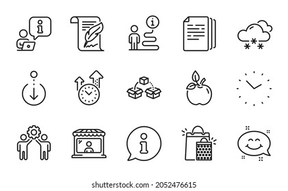Business icons set. Included icon as Market seller, Parcel shipping, Shopping bags signs. Time management, Copy documents, Snow weather symbols. Eco food, Time, Employees teamwork. Feather. Vector