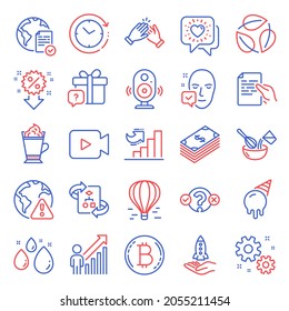 Business icons set. Included icon as Online voting, Internet warning, Ice cream signs. Dollar, Secret gift, Leaves symbols. Speaker, Employee result, Clapping hands. Face accepted, Bitcoin. Vector