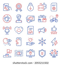 Business icons set. Included icon as Smile face, Snowflake, Surprise boxes signs. Hold heart, Search, Bed bugs symbols. Winner ribbon, Artificial intelligence, Businesswoman person. Shield. Vector