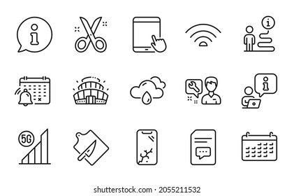 Business Icons Set. Included Icon As 5g Wifi, Cutting Board, Wifi Signs. Repairman, Calendar, Arena Stadium Symbols. Smartphone Broken, Notification Calendar, Scissors. Tablet Pc, Comments. Vector