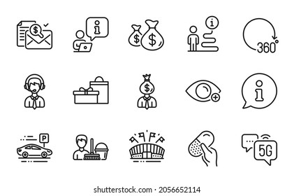 Business Icons Set. Included Icon As Sports Arena, Shipping Support, 5g Internet Signs. Manager, Capsule Pill, 360 Degrees Symbols. Gifts, Coins Bags, Cleaning Service. Accounting Report. Vector