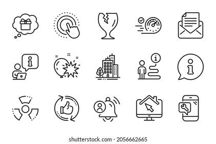Business icons set. Included icon as Chemical hazard, User notification, Gift dream signs. Buildings, Balloon dart, Phone repair symbols. Fragile package, Mail correspondence, Work home. Vector