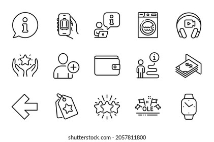 Business icons set. Included icon as Smartwatch, Add user, Baggage app signs. Ranking, Star, Loyalty tags symbols. Left arrow, Ole chant, Headphones. Laundry, Money wallet, Atm money. Vector