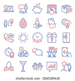 Business icons set. Included icon as Martini glass, Vip parcel, Meeting time signs. Business idea, Secret gift, Voting campaign symbols. People chatting, Savings insurance, Online help. Vector