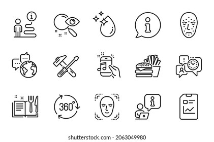 Conjunto de iconos de negocio. Icono incluido como documento Informe, libro de recetas, signos de comunicación mundial. Teléfono musical, detección de caras, símbolos de caída de agua. Manejo del tiempo, 360 grados, herramienta de martillo. Vector