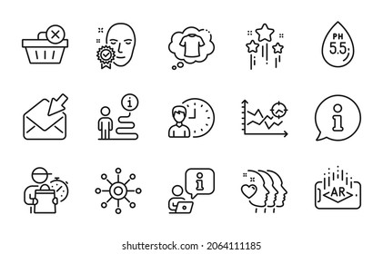 Business icons set. Included icon as Multichannel, Open mail, T-shirt signs. Seo analysis, Friends couple, Augmented reality symbols. Stars, Delivery man, Face verified. Working hours. Vector