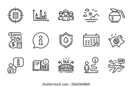 Business Icons Set. Included Icon As Instruction Info, Survey Results, Piggy Sale Signs. Calculator Target, Accounting, Blood Donation Symbols. Sports Arena, Sea Mountains, Calendar Graph. Vector