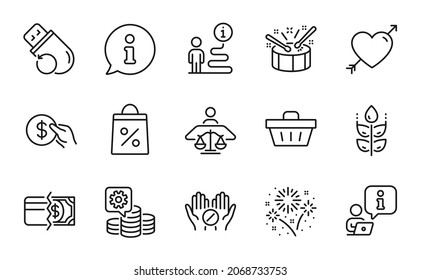 Business icons set. Included icon as Shopping bag, Court judge, Flash memory signs. Gluten free, Fireworks, Payment symbols. Love, Drums, Shopping basket. Payment methods, Medical tablet. Vector