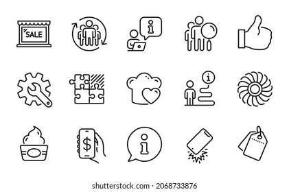 Business icons set. Included icon as Ice cream, Puzzle game, Teamwork signs. Sale, Fan engine, Search people symbols. Smartphone broken, Customisation, Love cooking. Like, Money app. Vector