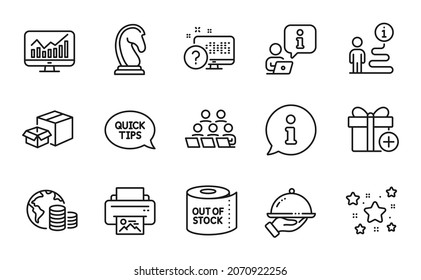 Business Icons Set. Included Icon As Stars, Add Gift, Print Image Signs. Quickstart Guide, Marketing Strategy, Packing Boxes Symbols. Budget, Statistics, Restaurant Food. Online Quiz. Vector