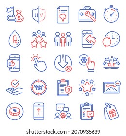 Business icons set. Included icon as Remove image, Loan percent, Coupons signs. Update time, No alcohol, Uv protection symbols. Thumb down, Engineering team, Tips. Financial goal, Stars. Vector