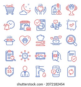 Business icons set. Included icon as Food, Image carousel, Pets care signs. Shopping cart, Search employees, Washing machine symbols. Insurance policy, Teamwork, Mail app. Food market. Vector