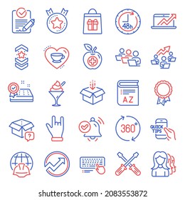 Business icons set. Included icon as Global engineering, Notification received, Women headhunting signs. Secret package, Ice cream, Audit symbols. 360 degrees, Holidays shopping, Success. Vector