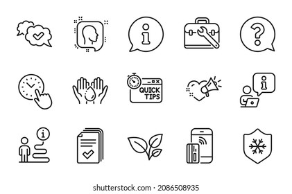 Business icons set. Included icon as Contactless payment, Head, Time management signs. Tool case, Approved, Clean skin symbols. Wash hands, Handout, Love message. Question mark, Quick tips. Vector