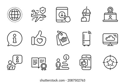 Business icons set. Included icon as Cloud storage, Flight insurance, Mobile like signs. Star target, Refrigerator, Certificate symbols. Globe, Scroll down, Video conference. Sale tag. Vector