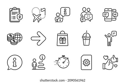 Business icons set. Included icon as File management, Holidays shopping, Smartphone sms signs. Agent, Destination flag, Like symbols. Coffee cocktail, Communication, Privacy policy. Next. Vector