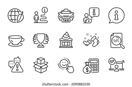 Business icons set. Included icon as Santa boots, Packing boxes, Espresso signs. Smile, Taxi, Winner symbols. Environment day, Finance calculator, Online access. Warning, Ice cream. Vector