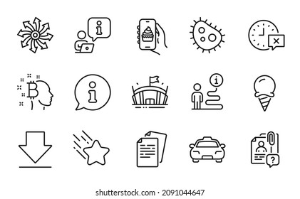Business icons set. Included icon as Bitcoin think, Time, Food app signs. Downloading, Bacteria, Documents symbols. Taxi, Search employee, Arena. Versatile, Ice cream, Falling star. Vector