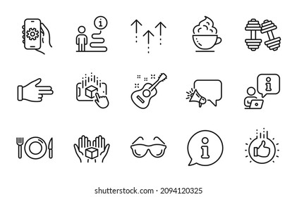 Business icons set. Included icon as Coffee cup, App settings, Guitar signs. Click hand, Like hand, Dumbbells symbols. Megaphone, Food, Eyeglasses. Swipe up, Hold box, Augmented reality. Vector
