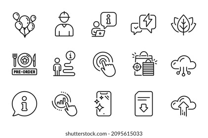 Business icons set. Included icon as Pre-order food, Click, Lightning bolt signs. Organic tested, Download file, Cloud upload symbols. Graph chart, Engineer, Smartphone clean. Seo shopping. Vector
