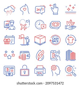 Business icons set. Included icon as Touchscreen gesture, Cashback, 24h service signs. Change clothes, Engineering, Bitcoin pay symbols. Wallet money, Search statistics, Presentation. Time. Vector