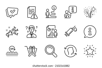 Business icons set. Included icon as Medical syringe, Support consultant, Shopping cart signs. Business report, Approved, Ole chant symbols. Face id, Fireworks, Search. Instruction manual. Vector