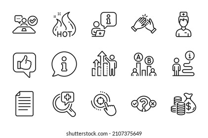 Business icons set. Included icon as Like, Clapping hands, Job interview signs. Coins bag, Quiz test, Doctor symbols. Medical analyzes, File, Employee results. Hot sale, Seo target. Vector
