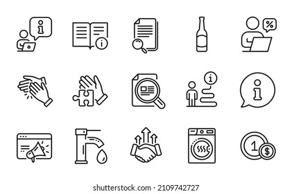 Business icons set. Included icon as Tap water, Technical info, Puzzle signs. Search file, Beer, Dryer machine symbols. Seo marketing, Online discounts, Usd coins. Check article, Deal. Vector