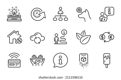 Business Icons Set. Included Icon As Organic Product, Fair Trade, Ice Cream Signs. Typewriter, Cloud Sync, Update Time Symbols. Veterinary Clinic, Loan House, Contactless Payment. Vector