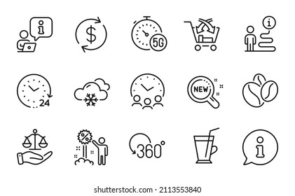 Business icons set. Included icon as Cross sell, Discount, Snow weather signs. Full rotation, 5g internet, Meeting time symbols. Justice scales, Coffee beans, New products. Usd exchange. Vector