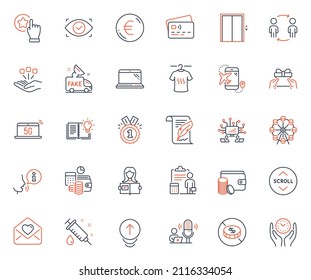 Business icons set. Included icon as Card, Workflow and Flight destination web elements. Feather, Lift, Ferris wheel icons. Love letter, Scroll down, Give present web signs. Swipe up. Vector