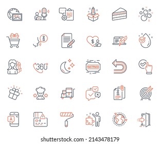Business icons set. Included icon as 360 degree, Strategy and Cake web elements. Water drop, Shopping trolley, Outsourcing icons. Clean bubbles, Entrance, Gift web signs. Web photo. Vector