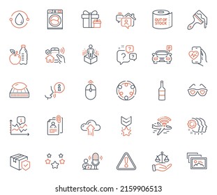 Business icons set. Included icon as Healthy food, Inclusion and Wine web elements. Washing machine, Love glasses, Cold-pressed oil icons. Swipe up, Cardio training, Warning web signs. Vector