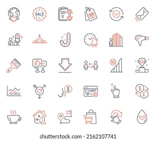 Business icons set. Included icon as Favorite, Approved and E-mail web elements. Brush, 5g wifi, Dumbbell icons. Dermatologically tested, Sale, Cloakroom web signs. Touchscreen gesture. Vector