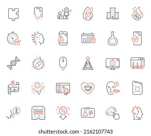 Business icons set. Included icon as Artificial intelligence, Survey results and Vip timer web elements. Dislike, Hot loan, Cognac bottle icons. Id card, Discount, Approved phone web signs. Vector