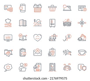 Business icons set. Included icon as Entrance, Checklist and Smartphone message web elements. Music making, Smile chat, Shop cart icons. Online discounts, Facts, Search flight web signs. Vector