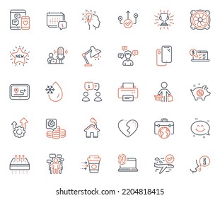 Business icons set. Included icon as Seo gear, Breathable mattress and Conversation messages web elements. Calendar, Social media, Online accounting icons. Home, Piggy sale, Buyer web signs. Vector