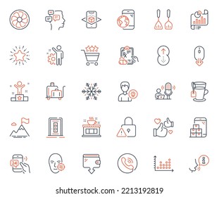 Business icons set. Included icon as Tea, Scroll down and Prescription drugs web elements. Lock, Problem skin, Air conditioning icons. Call center, Coffee shop, Shopping rating web signs. Vector