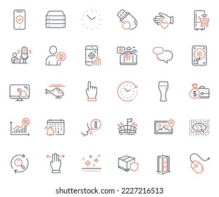 Business icons set. Included icon as Chat message, Volunteer and Helicopter web elements. 5g statistics, Search, Seo phone icons. Beer glass, Multitasking gesture, Arena web signs. Hdd. Vector