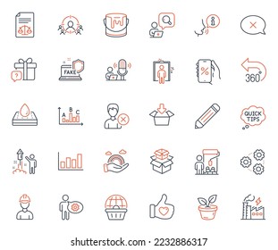 Business icons set. Included icon as Cogwheel, Online shopping and Elevator web elements. Get box, Business targeting, Packing boxes icons. Remove account, Leaves, Report diagram web signs. Vector