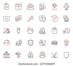 Business icons set. Included icon as Recovery tool, Quote bubble and Bitcoin coin web elements. 24h service, Santa hat, Leadership icons. Puzzle, Shield, Thermometer web signs. Inspect. Vector