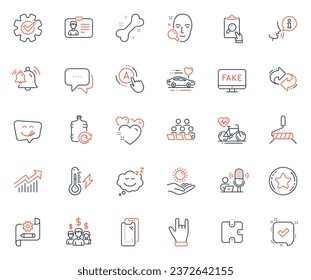 Business icons set. Included icon as Face search, Bell and Heart web elements. Refresh, Dog bone, Cogwheel icons. Cardio bike, Honeymoon travel, Message web signs. Puzzle. Vector