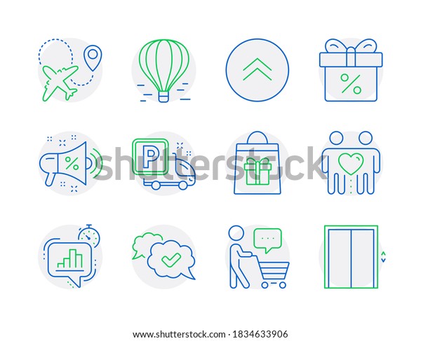 Business icons set. Included icon as Sale\
megaphone, Friends couple, Statistics timer signs. Buyer think,\
Airplane, Air balloon symbols. Approved, Holidays shopping, Swipe\
up. Lift. Vector