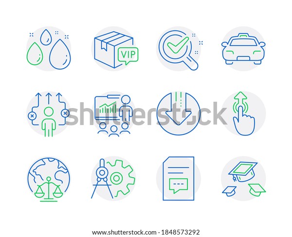 Business icons set. Included icon as Water drop,\
Taxi, Magistrates court signs. Cogwheel dividers, Presentation,\
Business way symbols. Chemistry lab, Vip parcel, Download arrow.\
Comments. Vector